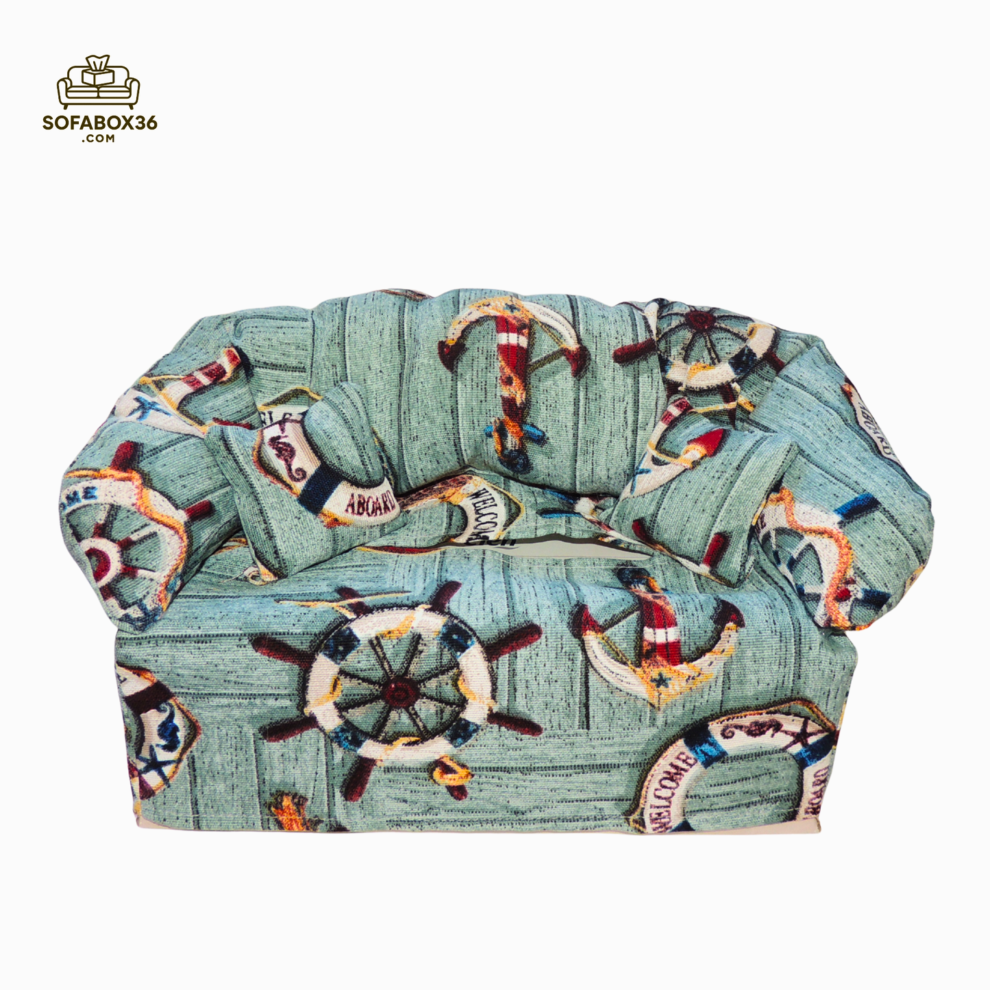 Funda para caja de pañuelos con diseño de sofá. Estilo náutico.