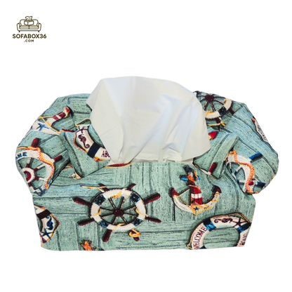 Funda para caja de pañuelos con diseño de sofá. Estilo náutico.