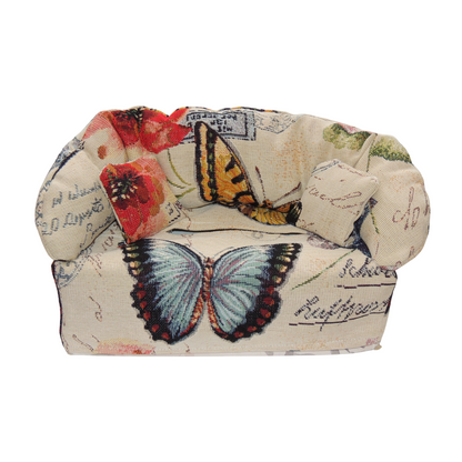 Funda para caja de pañuelos representada como un sofá. Mariposa.