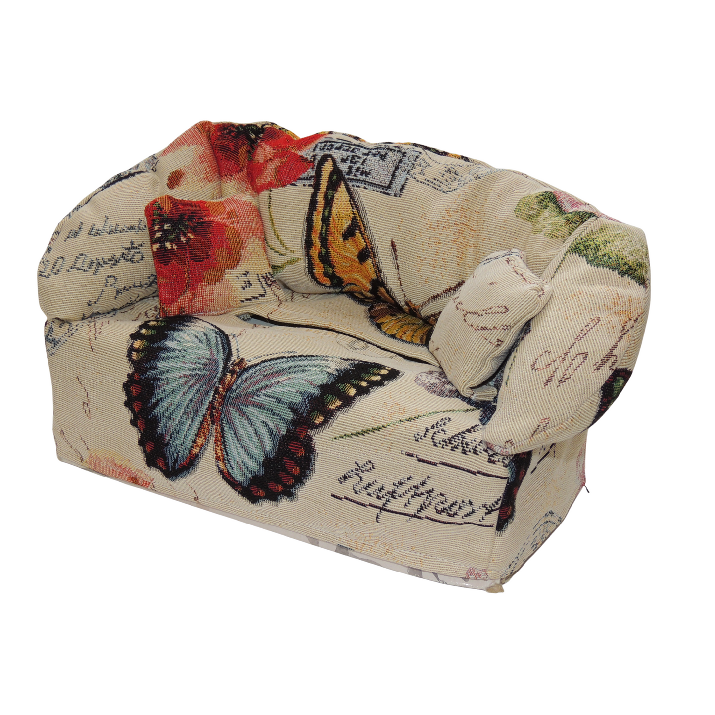 Funda para caja de pañuelos representada como un sofá. Mariposa.