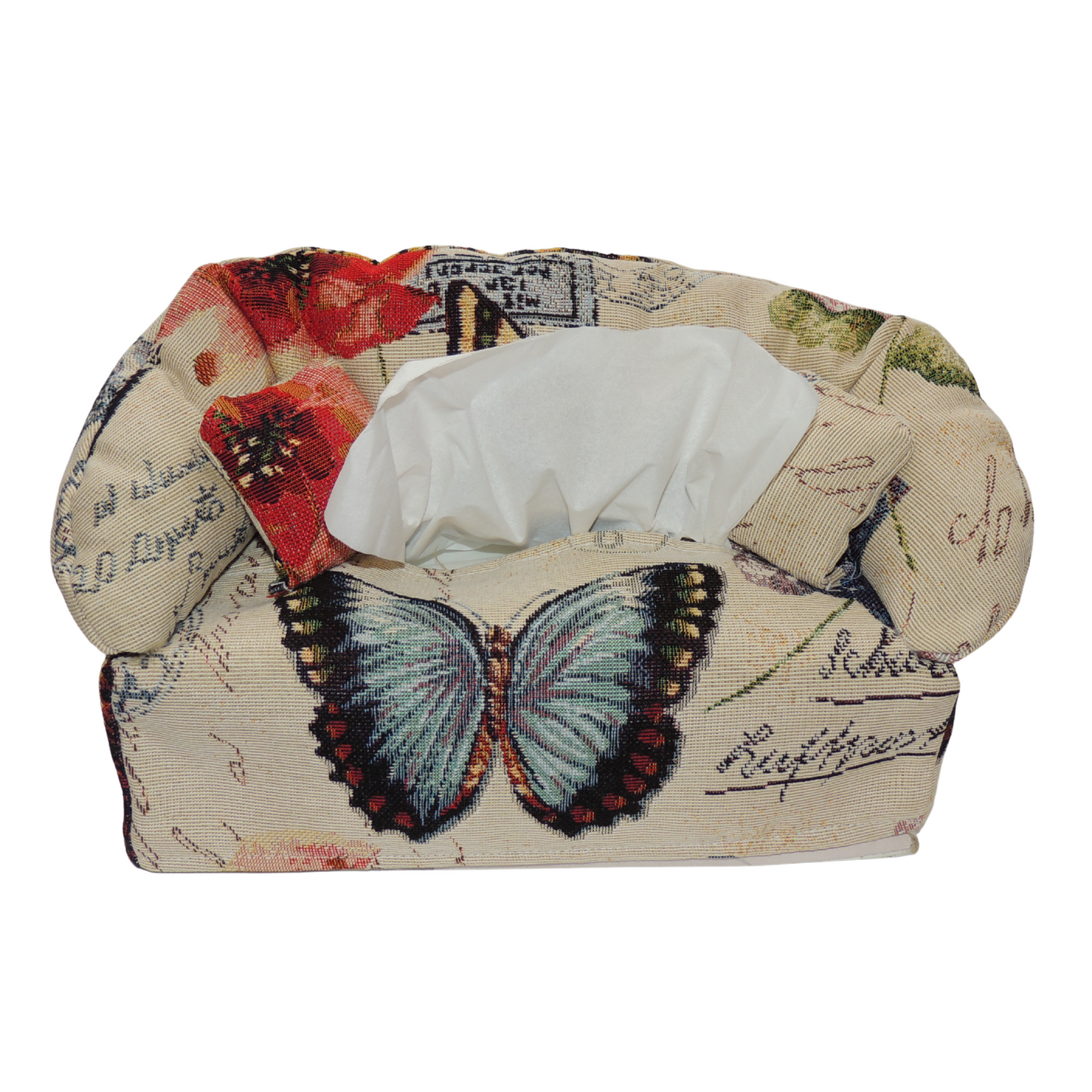 Funda para caja de pañuelos representada como un sofá. Mariposa.