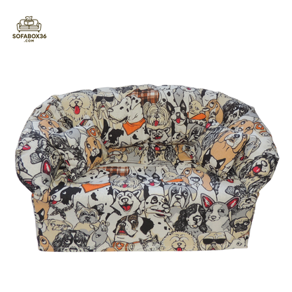 Funda para caja de pañuelos representada como un sofá. Perros.