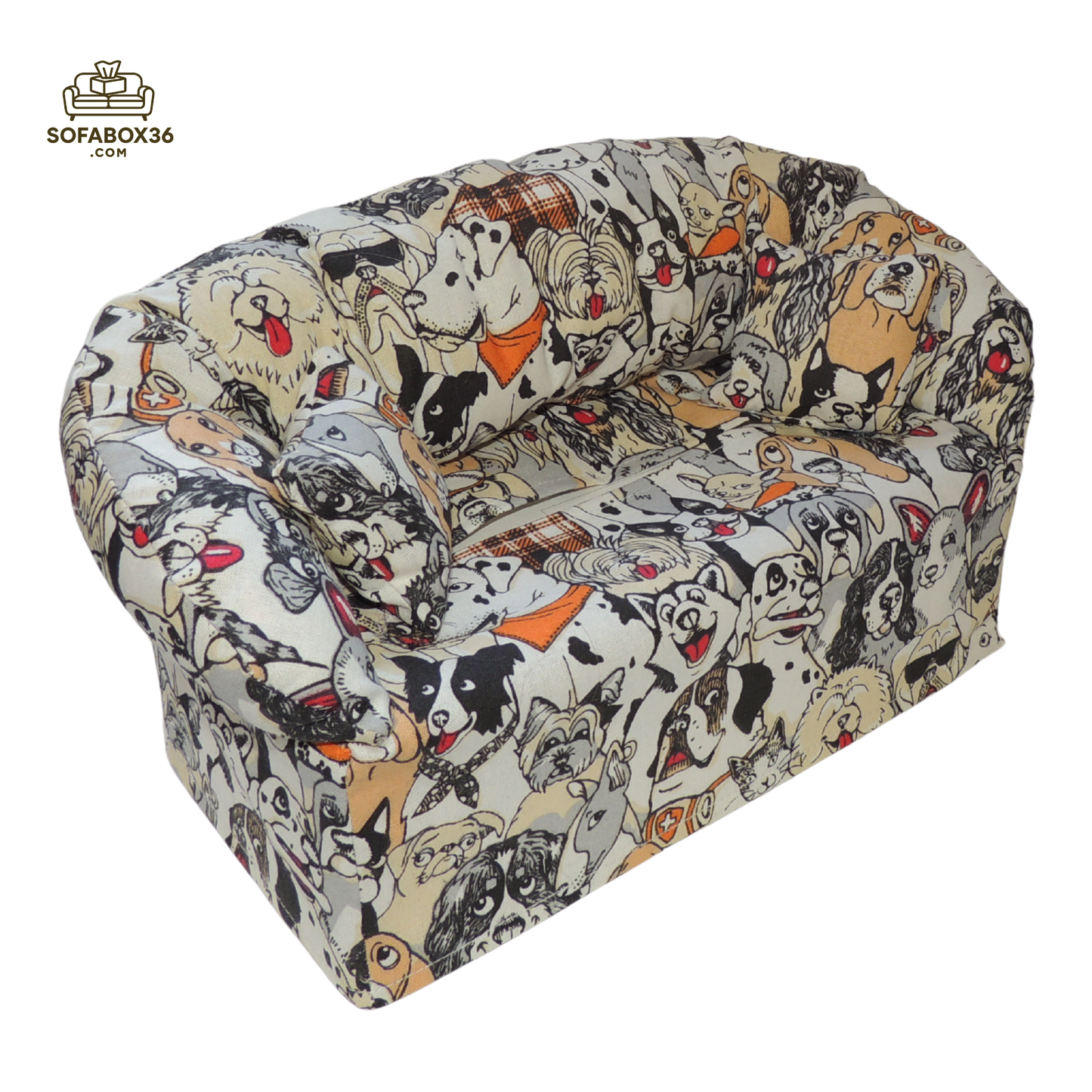 Funda para caja de pañuelos representada como un sofá. Perros.