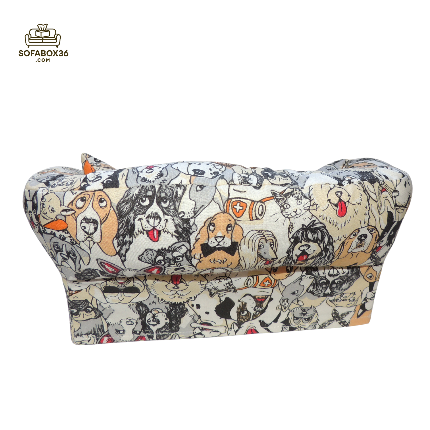 Funda para caja de pañuelos representada como un sofá. Perros.