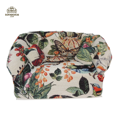 Funda de caja de pañuelos con forma de sofá. Pájaros y mariposas.