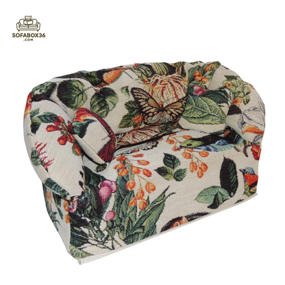 Funda de caja de pañuelos con forma de sofá. Pájaros y mariposas.