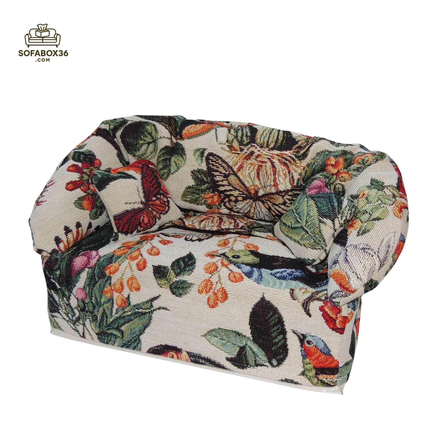 Funda de caja de pañuelos con forma de sofá. Pájaros y mariposas.