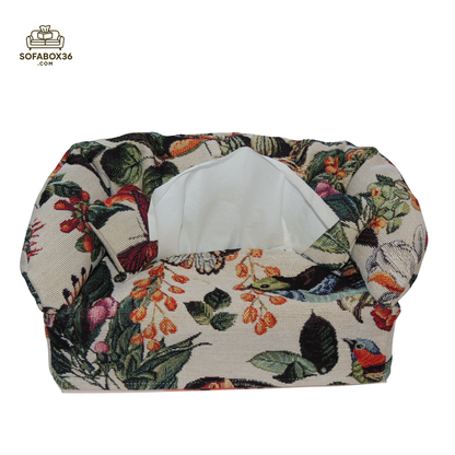 Funda de caja de pañuelos con forma de sofá. Pájaros y mariposas.
